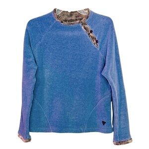 Wooly Bully Wear Size Large Blue Fleece Gray Fur Trim Diagonal Button Pullover
